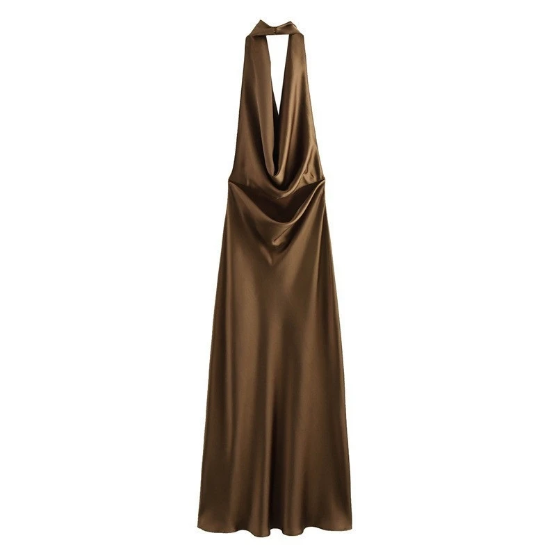 فستان نسائي صيفي من الساتان مثير بدون ظهر ورقبة رسن أنيق بقصة ضيقة فستان ميدي موضة 2024 وصل حديثًا #5