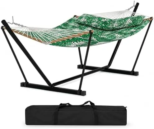 2 Person Heavy Duty Outdoor Hammock with Stand, Portable Double Hammock with Hardwood Spreader Bar, Pillow & Balance