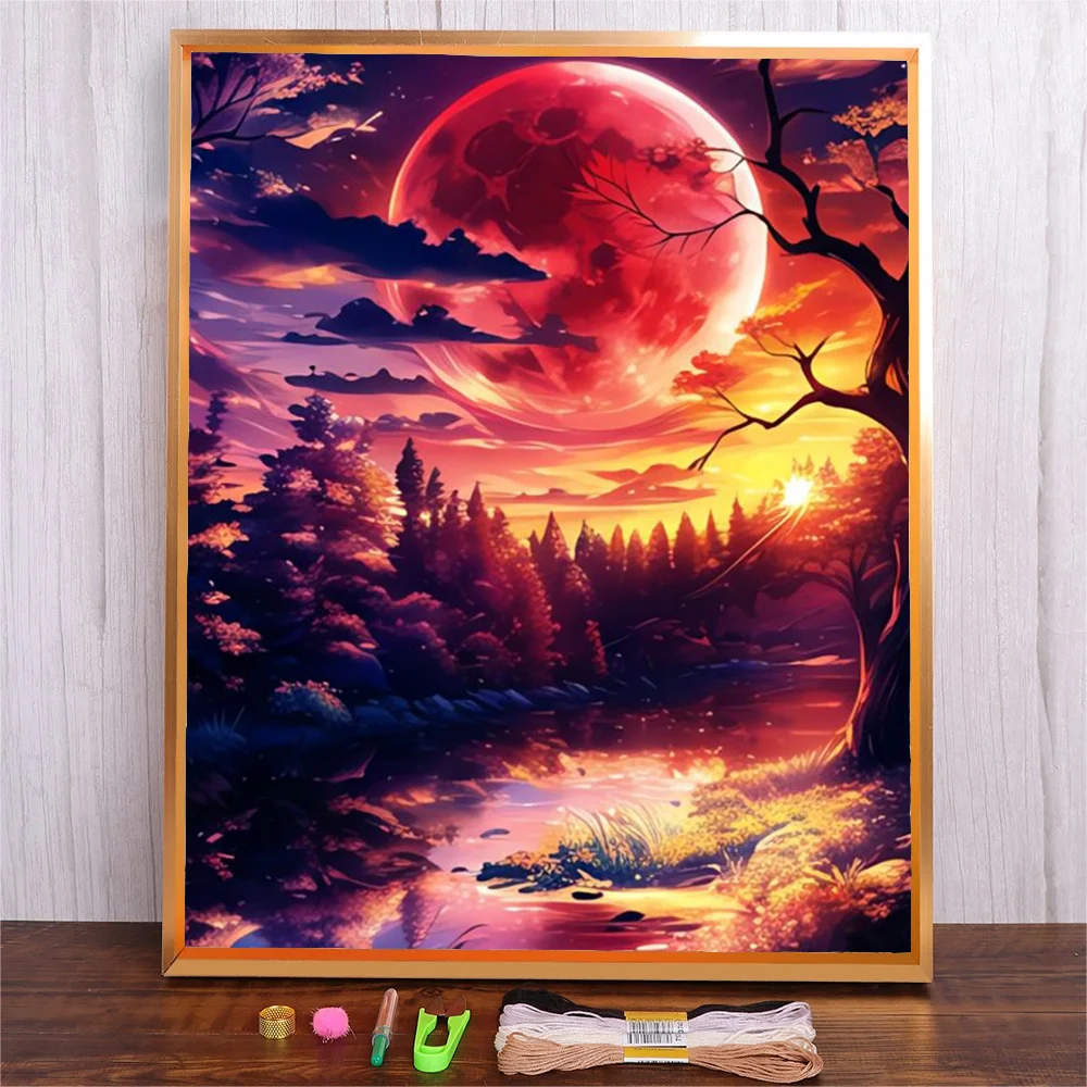 

Cotton Thread Printed Canvas DIY Cross Stitch 11CT Embroidery Kits Moon Night Landscape Craft Needlework Set Home Decor Gift