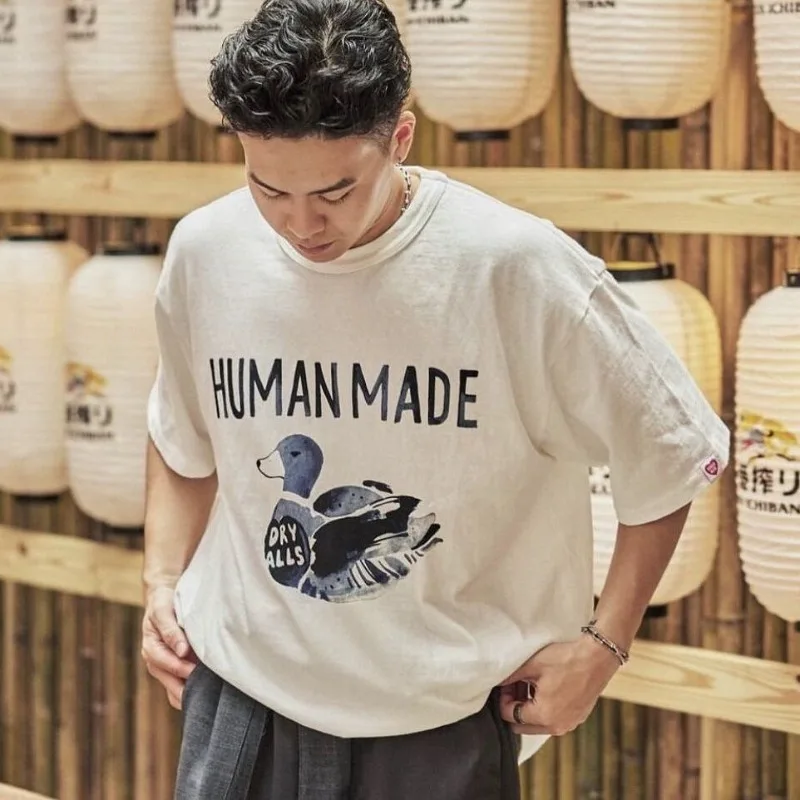Human Made New Ink Wash Duck Slub Cotton T-Shirt, Loose Crewneck Cute Cartoon Summer Tee