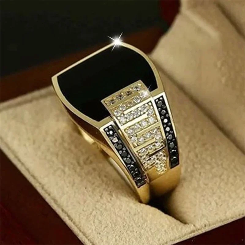 Classic Men\'s Ring Fashion Metal Gold Color Inlaid Black Stone Zircon Punk Rings for Men Engagement Wedding Luxury Jewelry