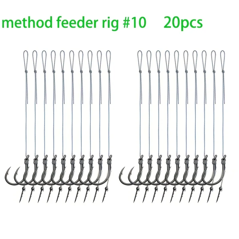 10/20 Stück Method Feeder Rigs mit Widerhaken und 8 geflochtenen Schnüren, hochfeste Widerhaken-Angelhaken Größe 6 8 10 12 14, Feeder-Angeln