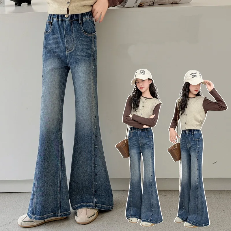 Children's Slim Bell Bottom Flared Jeans For Girls Boot Cut Denim Pants Kids Fashion Jeans Trousers with Side flower Embroidery