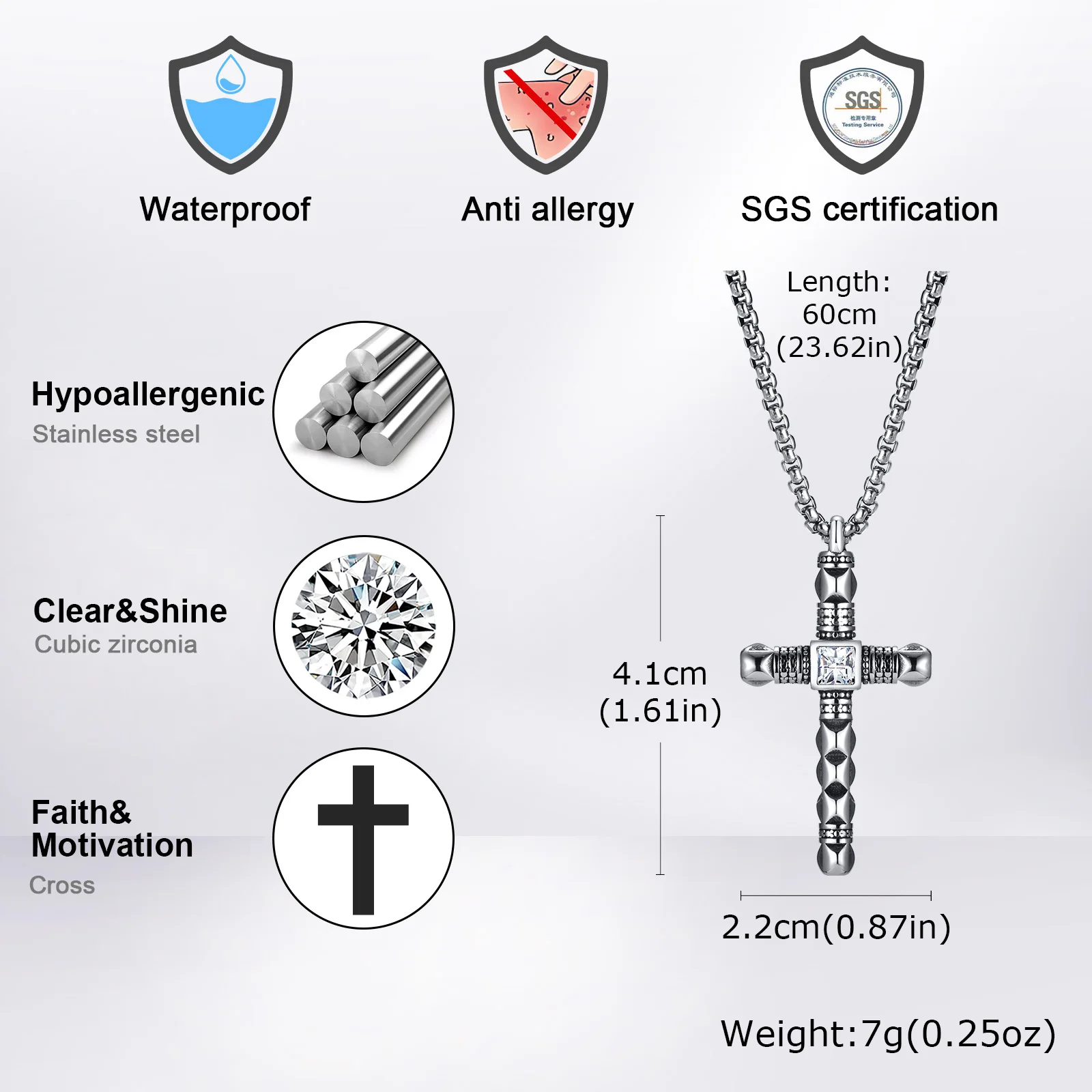Punk Mens Cross Pendant Necklace,Silver Color Plain Cross Pendant Collar with Stainless Steel Box Chain,Exquisite Male Gift