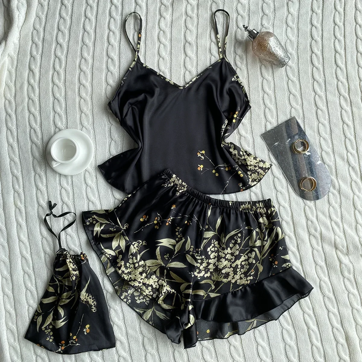 Summer Pajamas Set for Women Sleepwear 3 Pcs Silk Floral Print Suspenders Tops and Shorts with Hanging Bag Pijamas