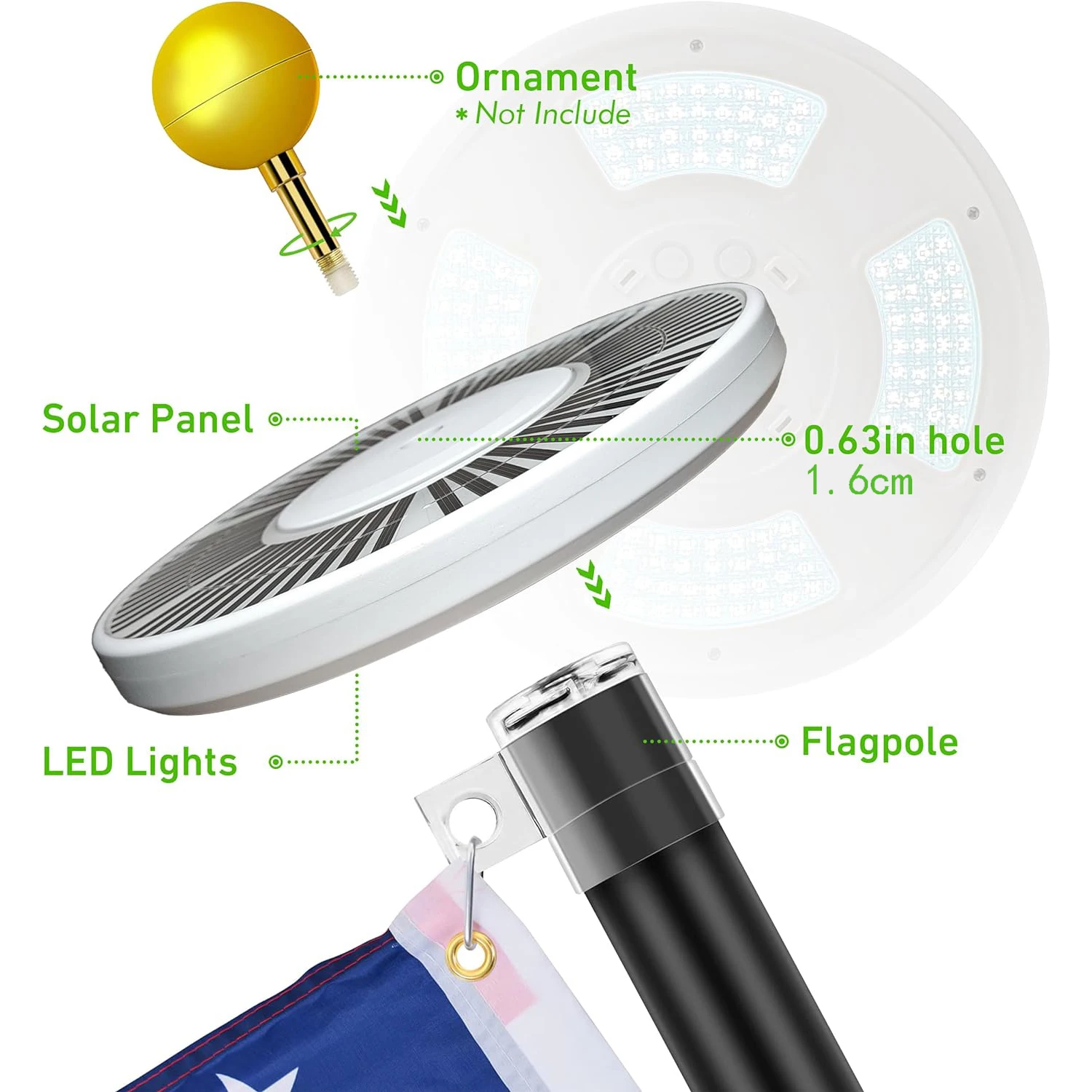 YYWAVLET 128-LED-Solar-Fahnenmastleuchte, oben montiertes Fahnenmast-Solarlicht, weiß, schwarz
