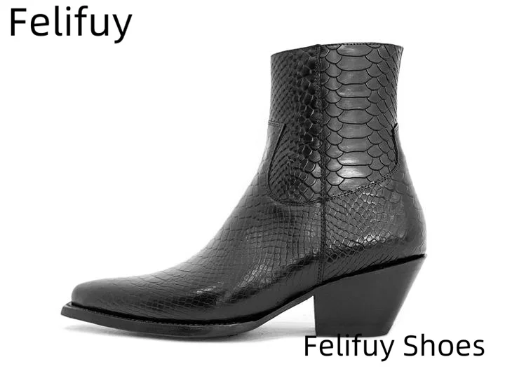 Chelsea Boots for Men Side Zippers High-Top Genuine Leather Ankle Booties serpentine cowhider Pointy Toe Shoes Luxury Male Shoes