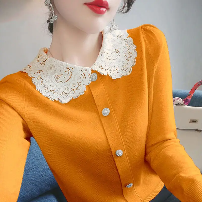 Sweet Peter Pan Collar Button Knitted Spliced Lace Blouse Female Clothing 2022 Autumn New Loose Casual Pullovers Korean Shirt