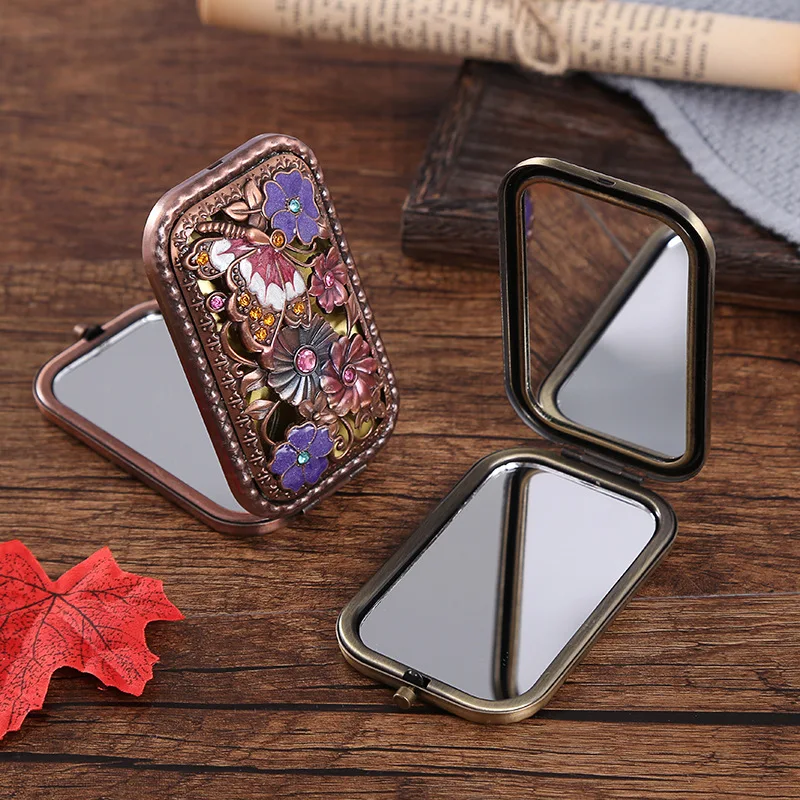 Retro European Metal Makeup Mirror Folding Double Sided Luxury Vintage Handheld Pocket Mirror Rectangular Dressing Gift Mirror