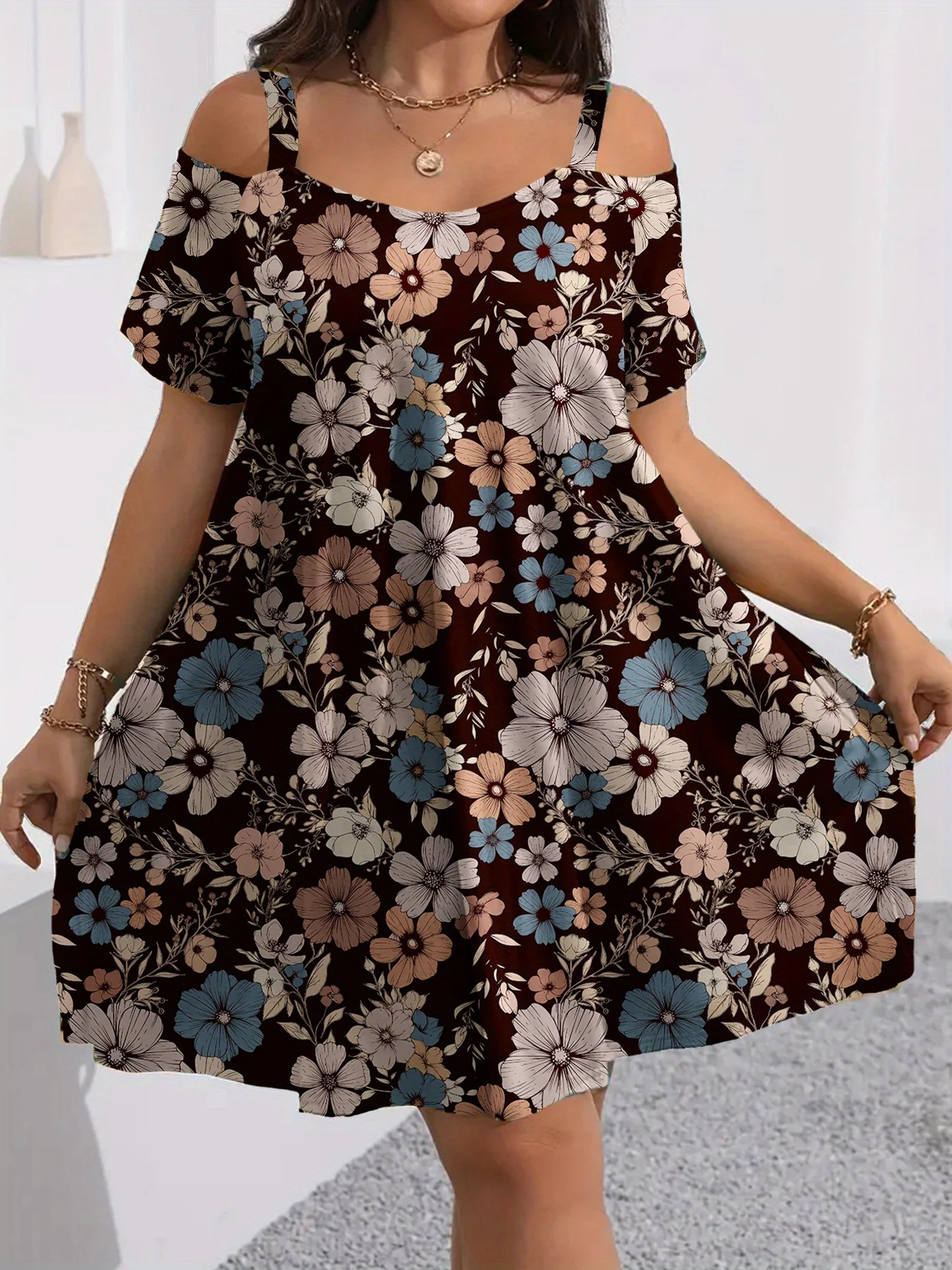 플러스 사이즈 유럽과 미국 국경을 넘나드는 여름 핫한 새로운 캐주얼 오프 숄더 반팔 프린트 드레스