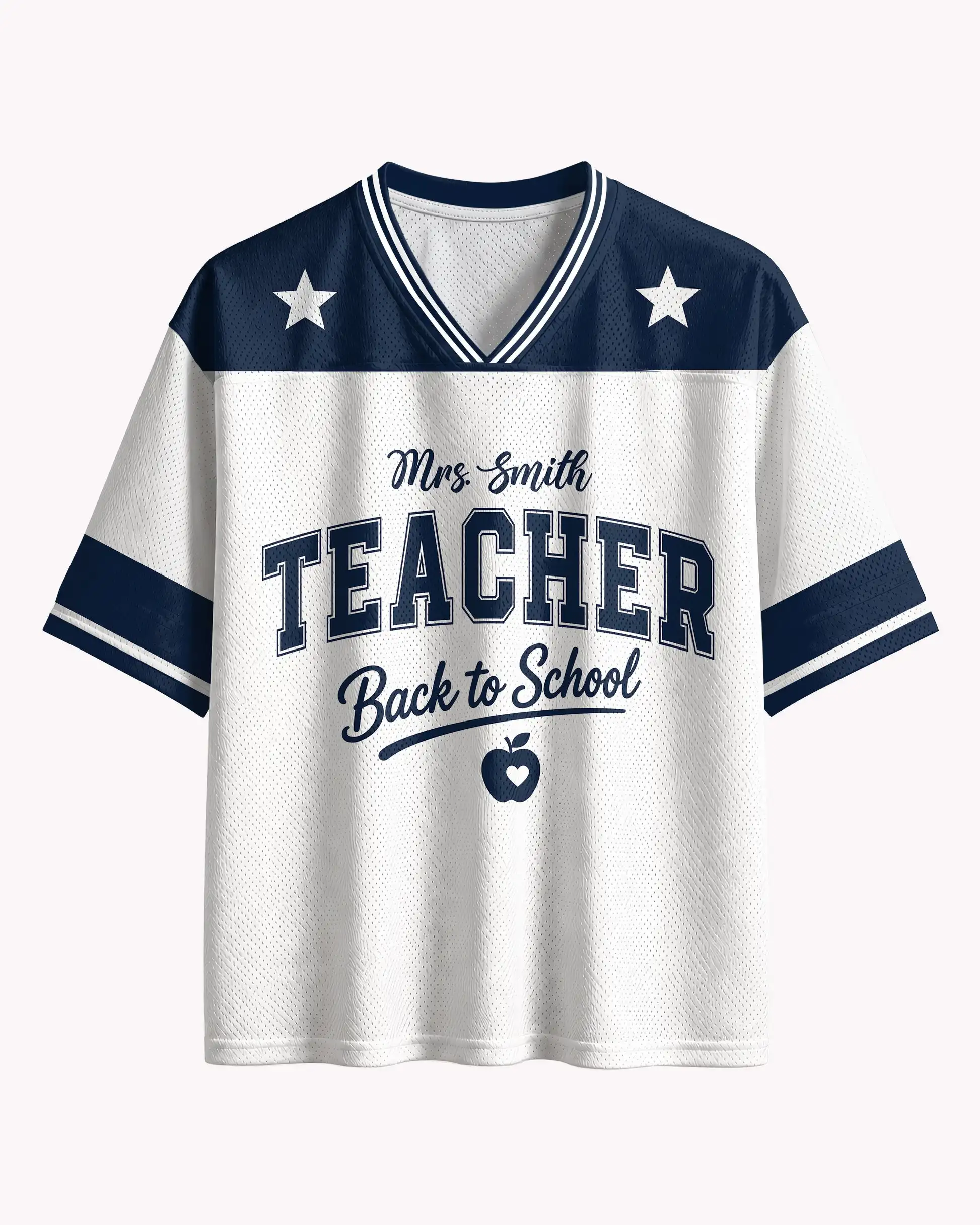 V-Neck Mesh Short Sleeve Shirt, Back To School Teacher Letter Apple Star Print Casual Teacher Daily Top