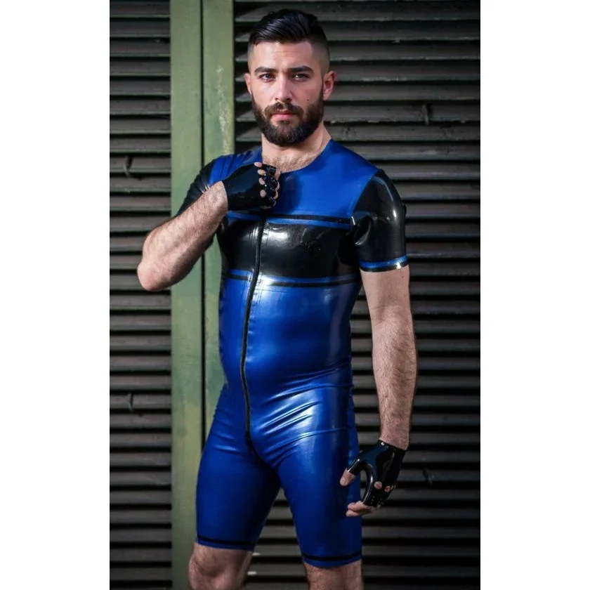 

customized eurocat latex bodysuit men's blue latex bodysuit black accents short sleeves front zipper rubber costume clubwear