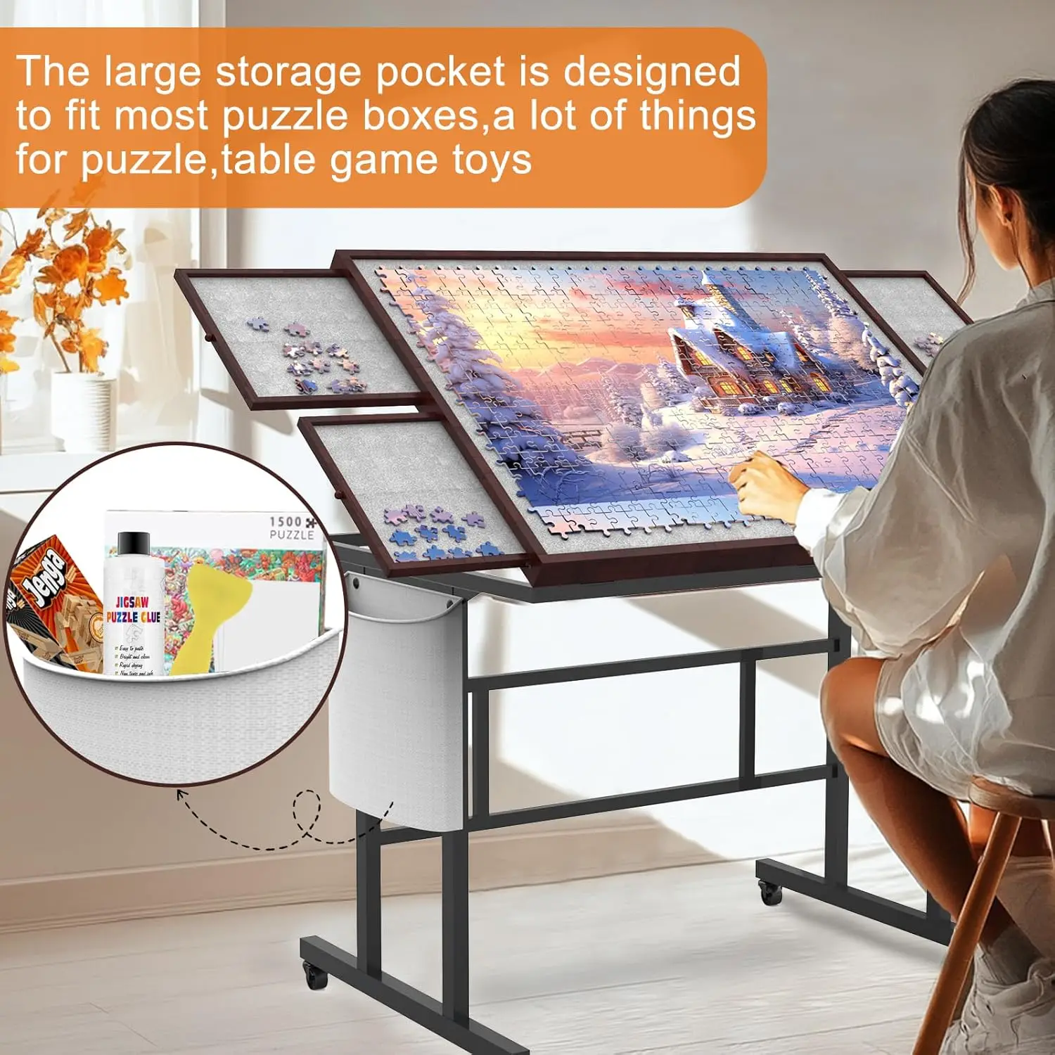 1500pcs,Puzzle Table with Legs and Storage Pocket,5 Adjustable Up Level Puzzle Tables for Adults with Drawers,Puzzle Table with