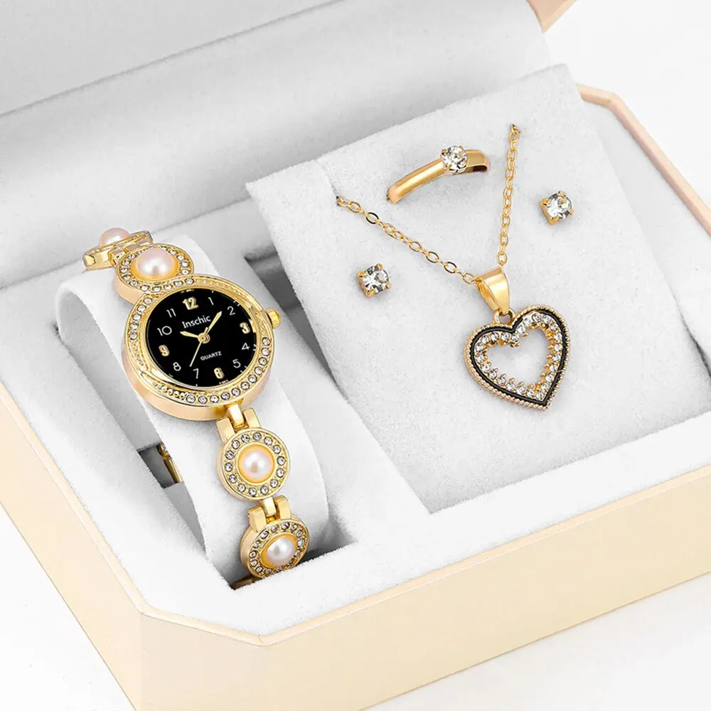 5PCS Set Luxury Watch Women Heart Necklace Earrings Ring Rhinestone Fashion Wristwatch Female Casual Ladies Watches Montre Femme