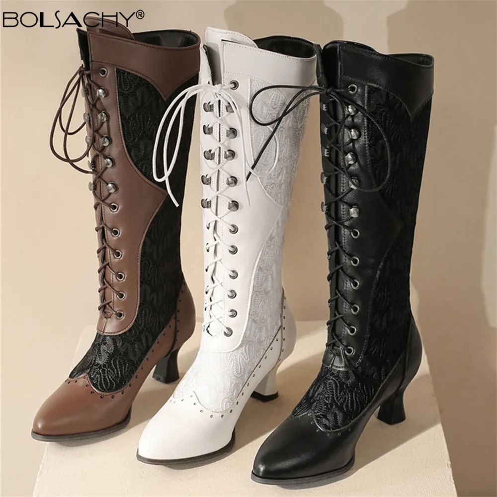 Women Victorian Pointed Toe Mid-Calf Boots Leather Lace Hollow Out Punk Lace Up Strange Steampunk High Heel Shoes Plus Size32-48