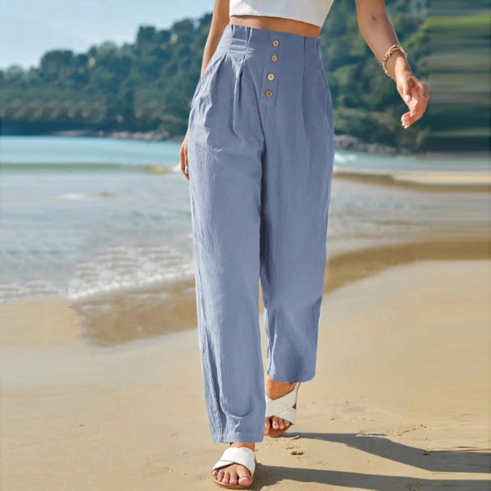 

Cotton Linen Pants For Women Summer Fashion Casual High Waist Full-length Trousers Femme Loose Solid Color Pants Streetwear