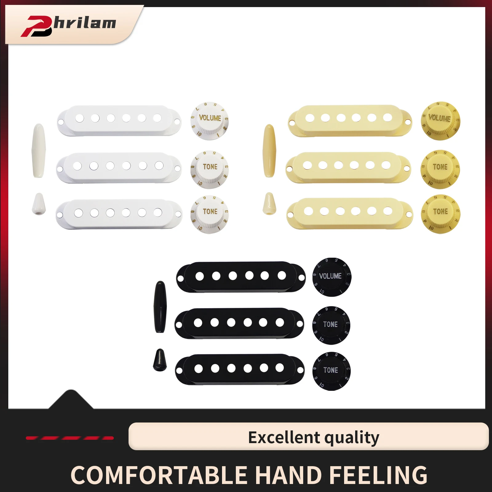 Electric Guitar SSS Pick Up Cover Single Coil Cover with Guitar Control Knobs (1Volume, 2Tone, 1Switch Tip,1Arm Bar Tip) for ST