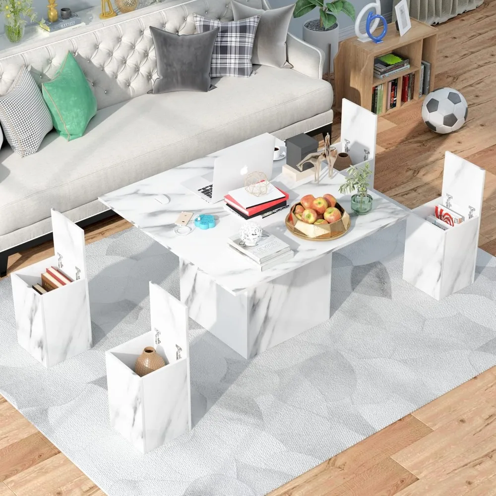 

Coffee Table,White artificial marble lifting coffee table, multifunctional, 4 storage tables, modern living room coffee table