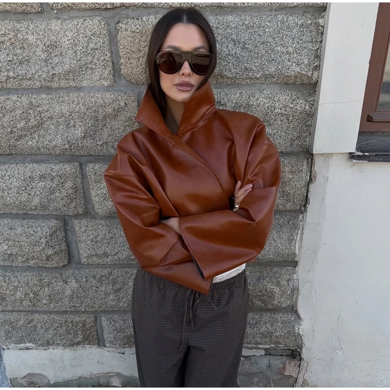 Women Waist Cinching Leather Jacket Solid Stand Neck Zipper Pocket Loose Jackets Lady New Vintage Fashion Street Outwear 2026