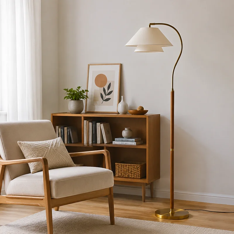 Retro French Wood Curved Arc Layered Shade Mid Century Statement Home Decor For Living Room Bedroom Reading Corner Floor Lamp