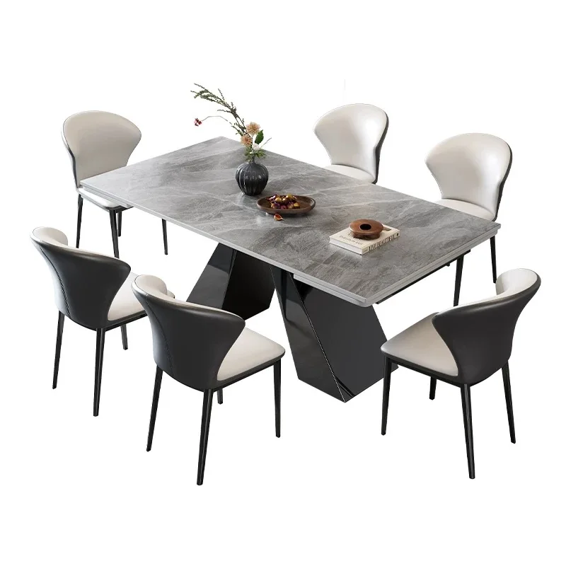 

Роскошный современный раскладной прямоугольный обеденный стол с мраморной столешницей и комплектом стульев на 4, 6, 8 мест, черный дизайн мебели для столовой