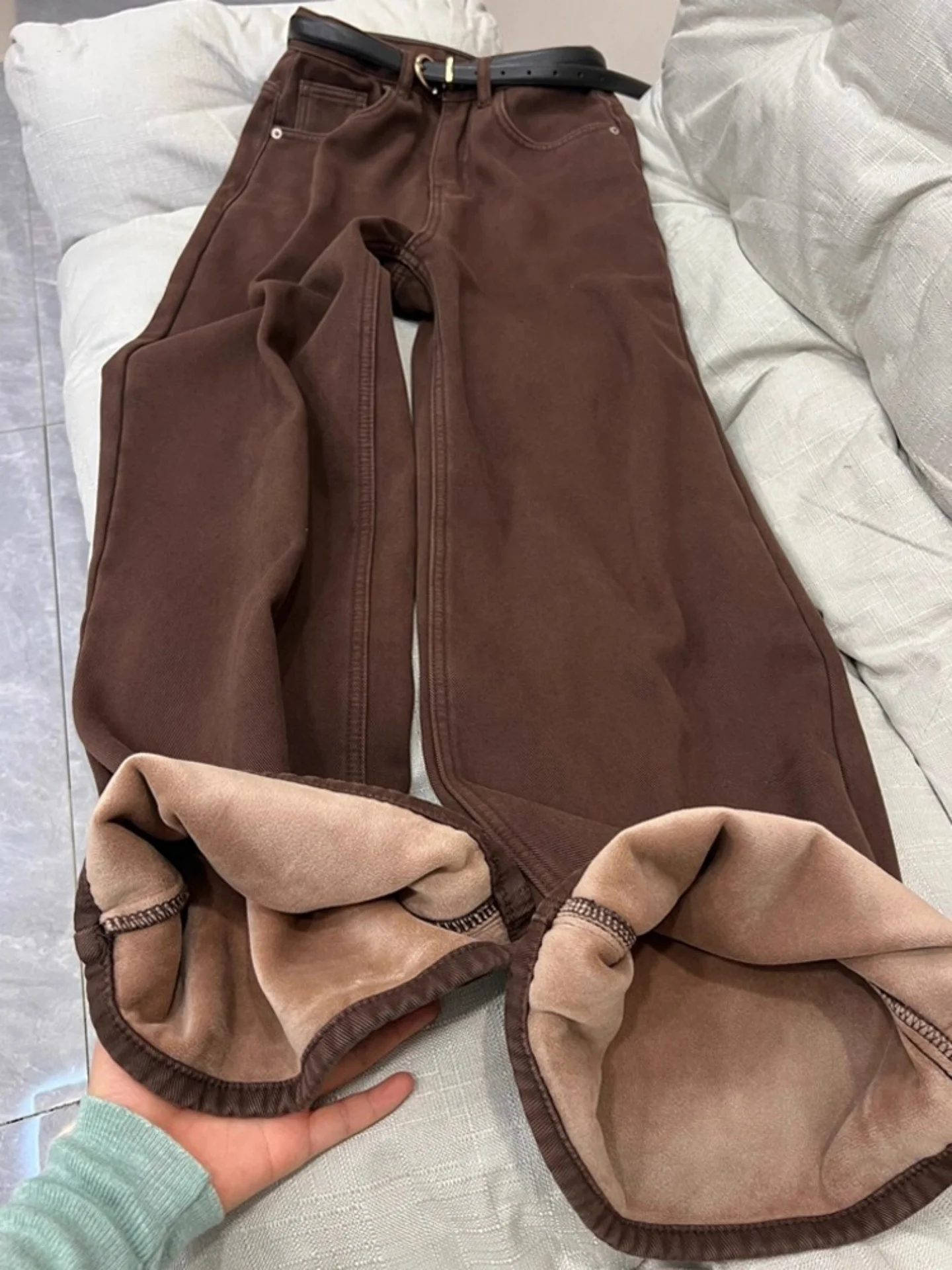 

American Style High Waist Fleece Lined Wide Leg Denim Jeans Women's Brown Straight Cut Loose Fit Small Size Winter Trousers