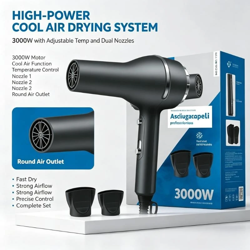 Asciugacapelli professionale a temperatura costante, 3000 W, con doppia bocchetta, ideale per saloni, per un'asciugatura rapida e sicura dei capelli.