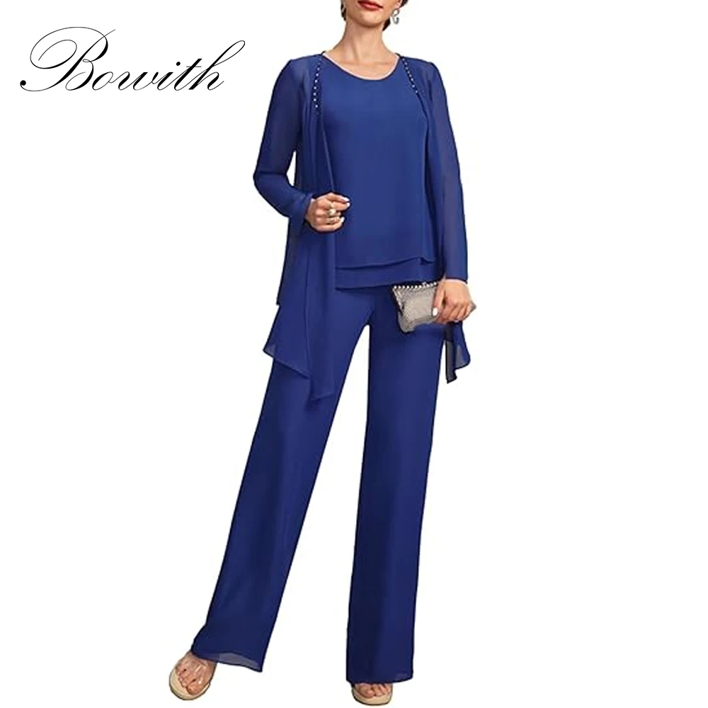 

Bowith 3 Pieces Mother of The Bride Pant Suits with Jackets Chiffon Long Sleeve Customized Wedding Formal Outfit for Women