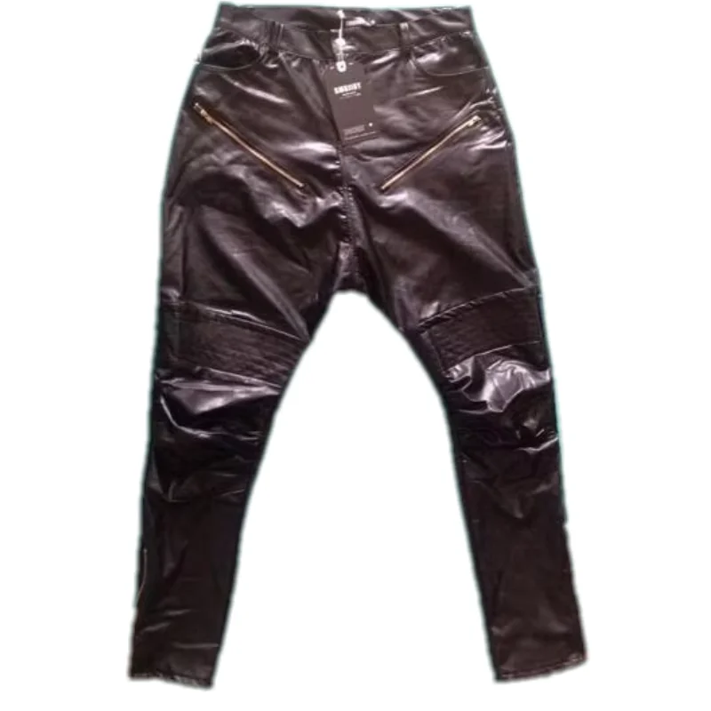 New Justin Bieber Same Style Men\'s Fashion Skinny Slim Zippers Pencil Pants Black Harem Pants Singer Stage Leather Trousers