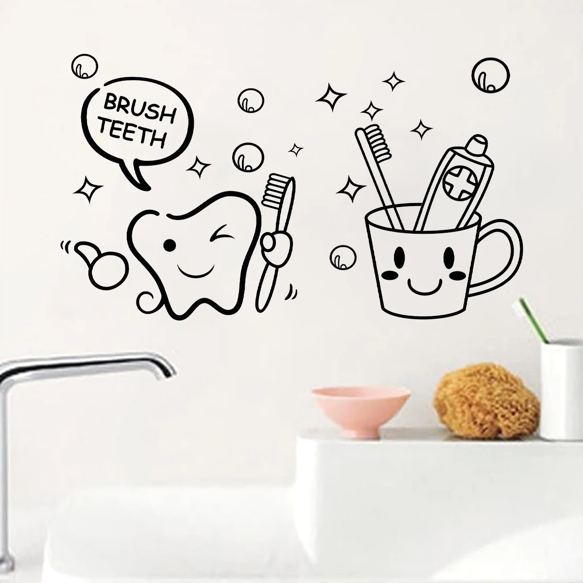 Brush Teeth Cute Bath Stickers for Wash Basin Wallpaper Shower Cubicle Decoration for Living Room Sweet Home DIY