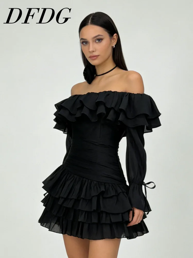 

DFDG Women's Spring Summer Off Shoulder Ruffle Long Sleeve Tiered Mini Dress Party Clubwear 2026 Trendy Feminine Fashion Dress