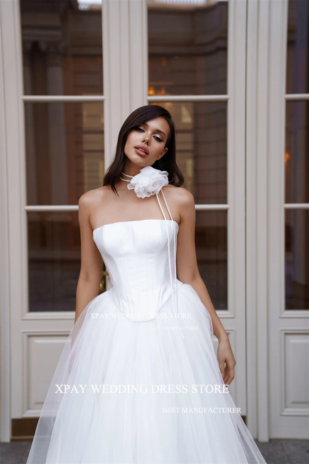 XPAY Principessa senza spalline A Line Abiti da sposa Morbido tulle Fiori 3D Abito da sposa personalizzato Abito da sposa lungo da spiaggia con pavimento senza schienale