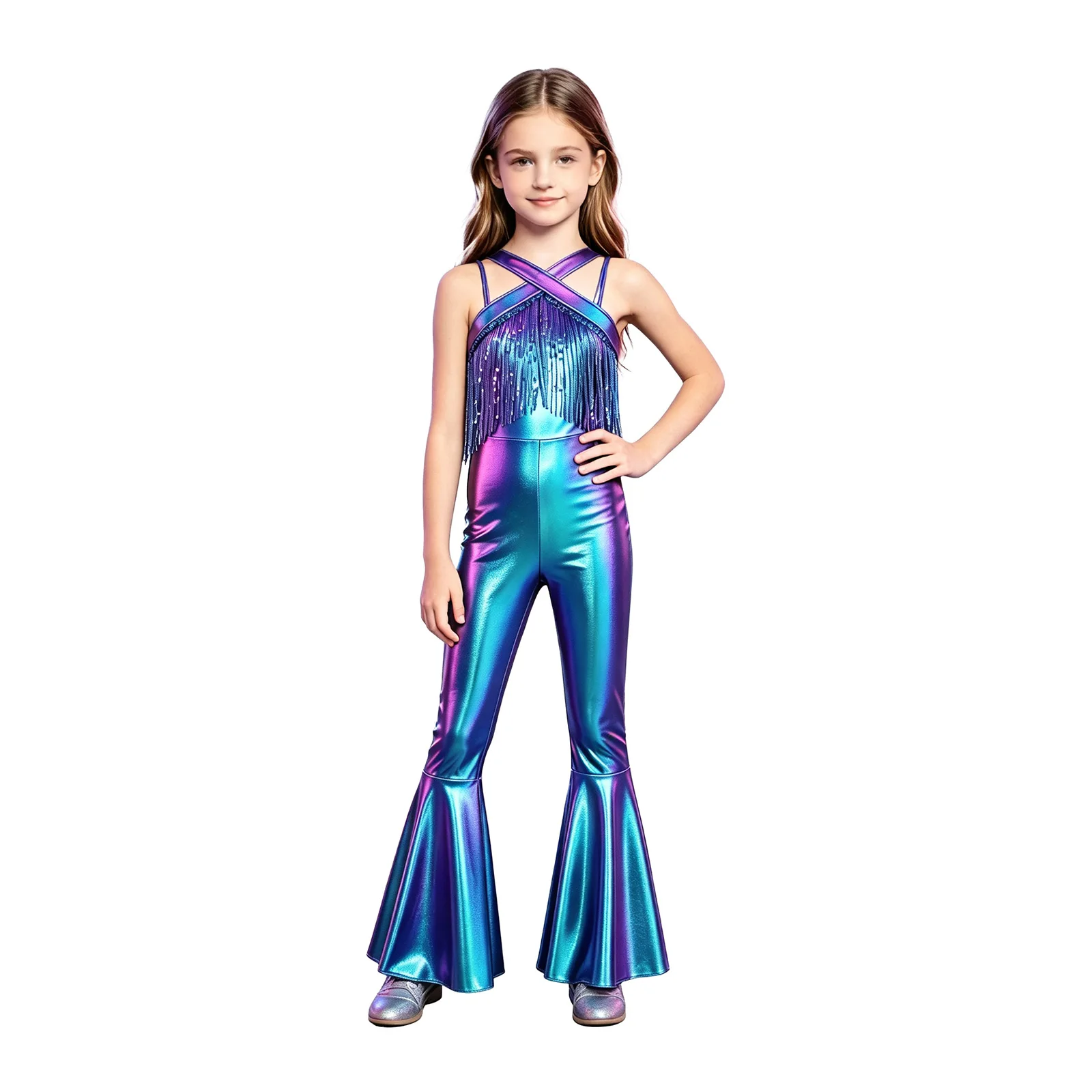 Kids Rave Outfits Party Shiny Sequin Costume Children 70s Disco Outfit Tassels Flared Jumpsuit Girls Sparkly Romper Flares