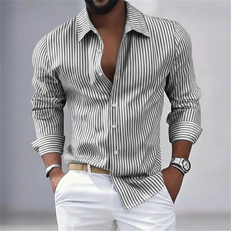 Men's Autumn Casual Long-Sleeve Shirt Blue Striped Print Button-Down Minimalist Collared Shirt Stylish Work-to-Commute Top