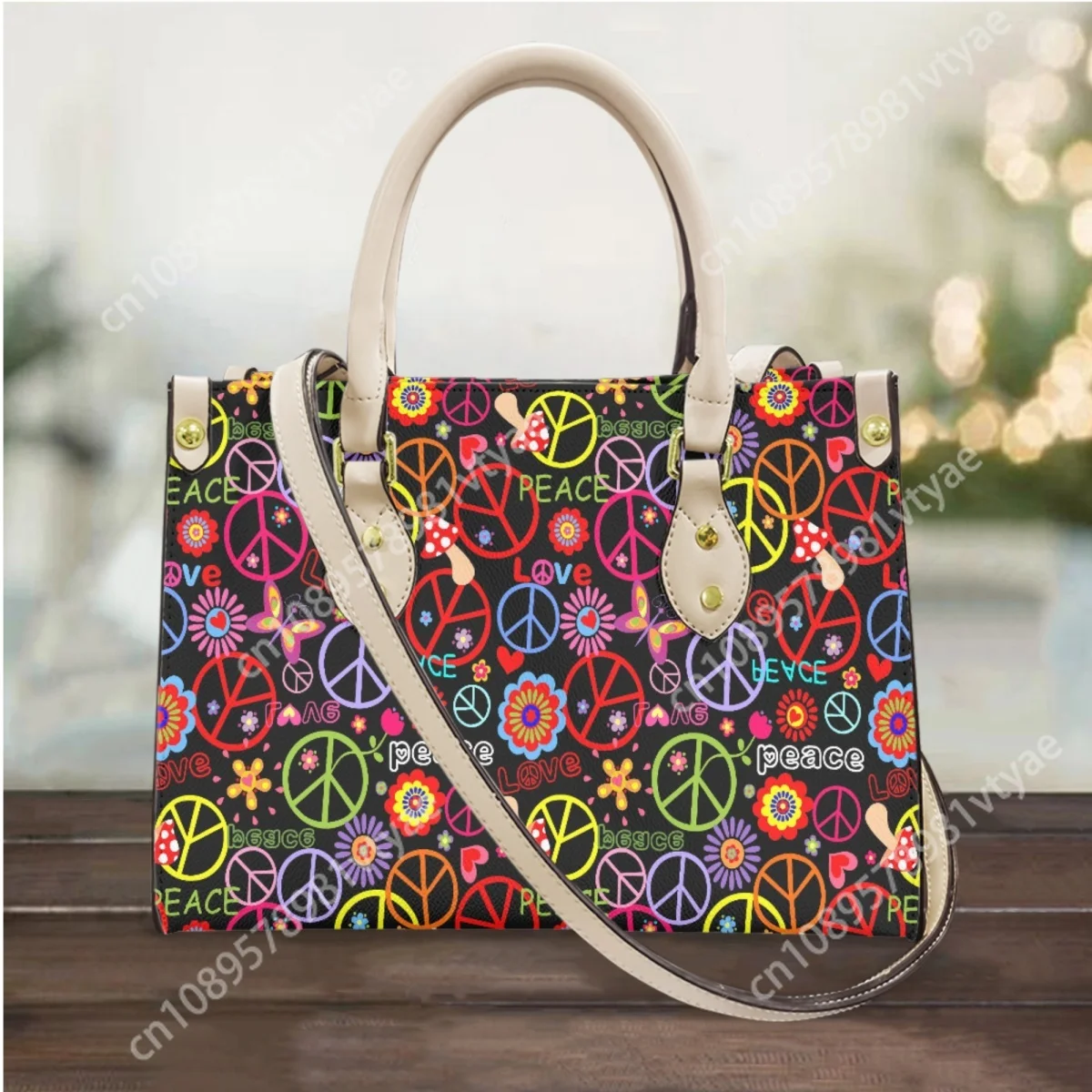 Colorful Peace Flowers Women Tote Bag Pu Leather Hippie Symbol Power Designer Shoulder Bag Female Fashion Messenger Handbag 2023