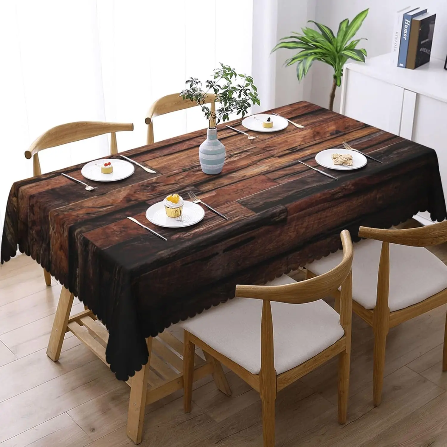 Rustic Dark Wood Tablecloth Vintage Farmhouse Wooden Board Table Cover for Kitchen Dining Room Patio Party Decoration