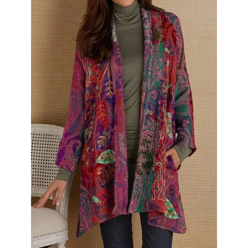 Spring Womens Retro Printed Cardigan Lapel Cotton Jacket