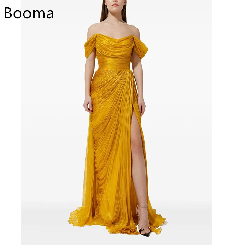 

Booma Elegant Off The Shoulder Golden A-Line Dresses Formal Party Gowns for Women Side Split Shiny Prom Gown Customize 2025