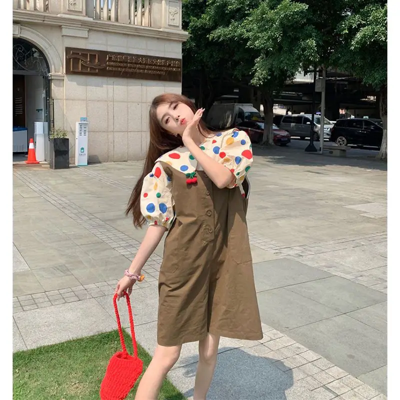 

2024 New Dopamine Summer Wave Point Shirt Doll Collar Short Sleeved Puff Sleeve Solid Color Shorts Comfortable Two Piece Set