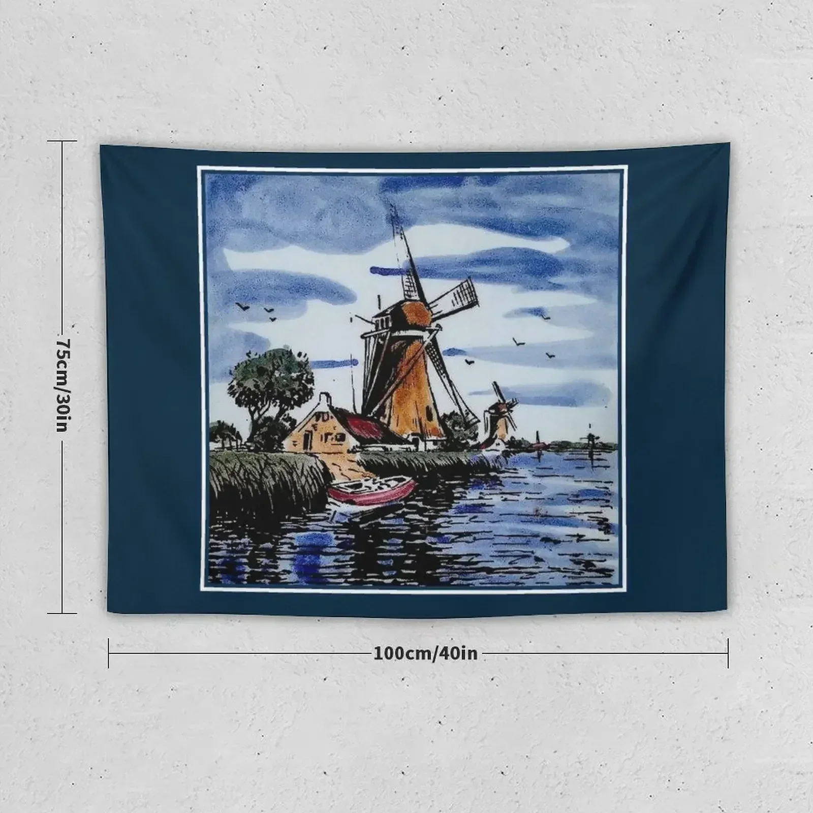 DUTCH BLUE DELFT : Vintage Colorful Windmills and boat on River Print Tapestry Wall Decoration Items Wall Coverings Tapestry