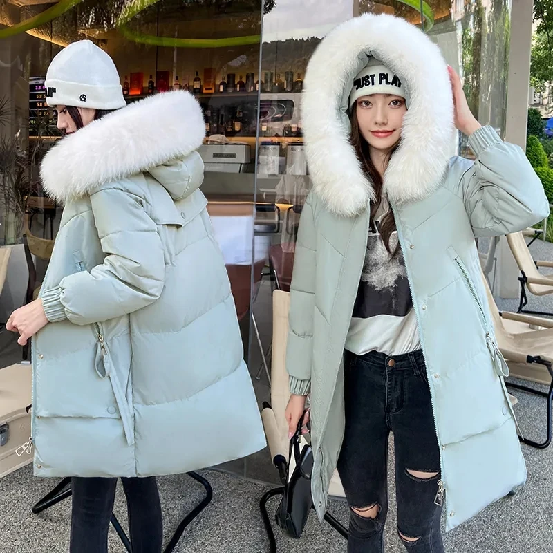 

2025 Winter New Big fur collar Thicken Cotton Padded Jacket Women's Korean Loose Hooded Coat Women's Casual Long Pike Overcoat