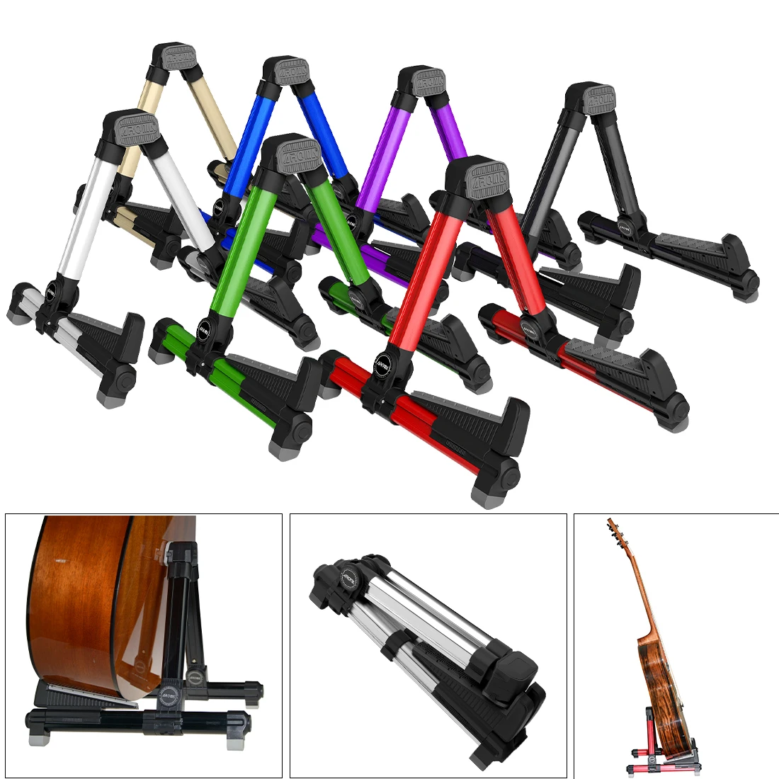 

Подставка для гитары для мультиинструментов AROMA 360° ° Безопасный силиконовый зажим и регулируемая подставка в А-образной рамке Складная гитара/скрипка/пипа/укулеле