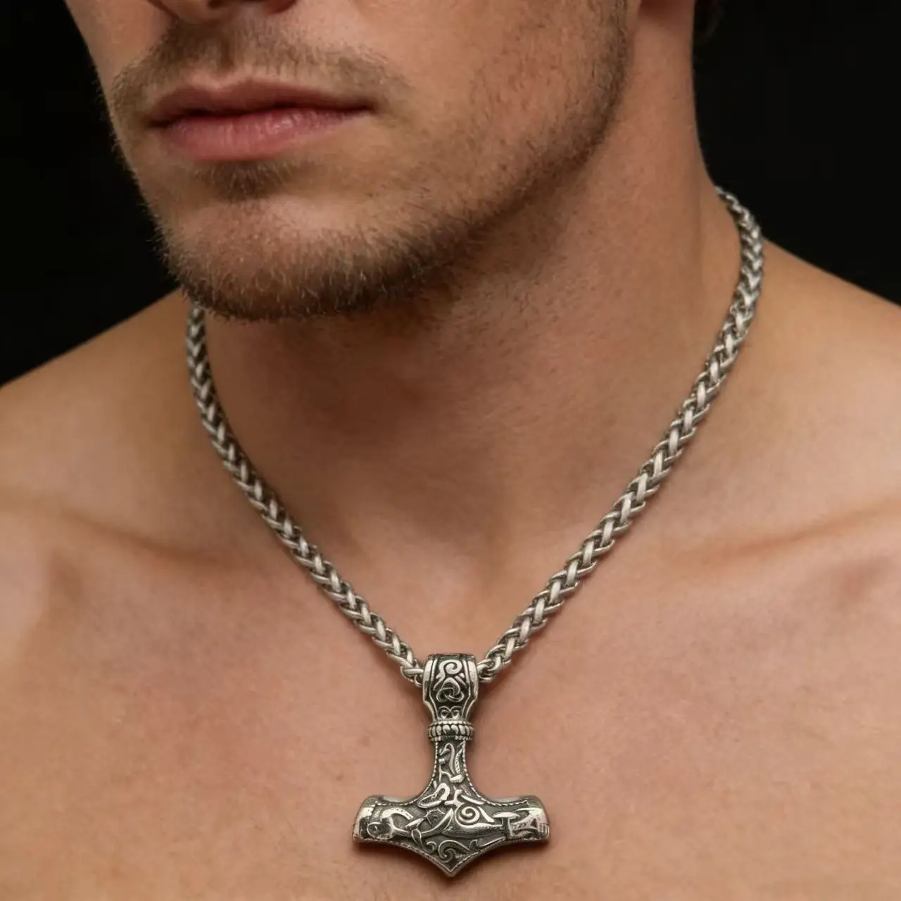 316L Edelstahl Nordic Odin Viking Rune Anhänger Kette Halskette Für Männer Vintage Mjolnir Schmuck Zubehör Geschenk Box – Detail 5