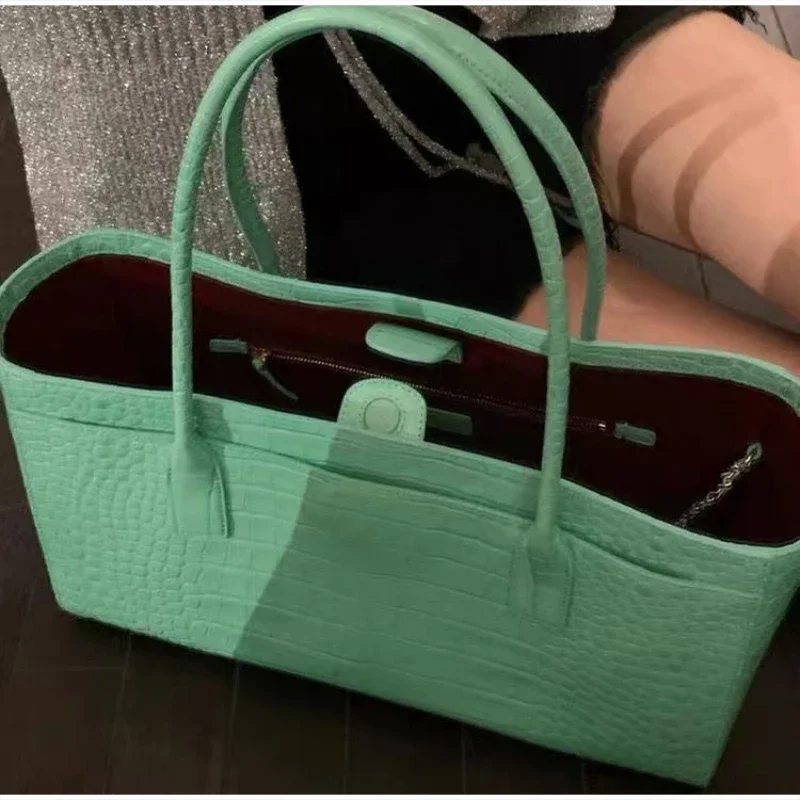 Handtasche mit Krokodilleder-Prägung und Obergriff, Luxuriöse Grüne Tragetasche, Vielseitige Schicke Alltags-Schultertasche für Frauen – Detail 11