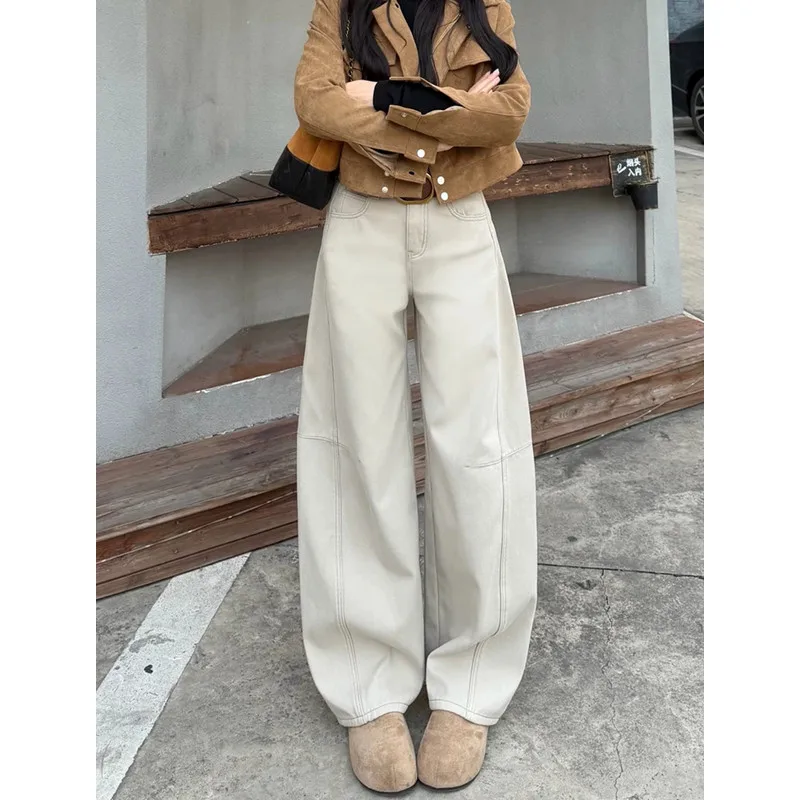 Women's Beige Wide Leg Trousers, High Waist Straight Leg Pants with Stitched Detail, Casual Baggy Pants for Fall & Winter