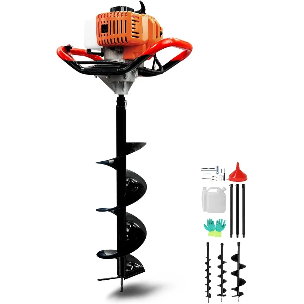 

62cc Gas Powered Earth Auger Earth Digger, Auger Post Hole Digger with 3 Drill Bit 3 & 5 & 8 and 3 Extension R
