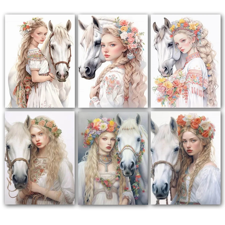 Diy Full Mosaic Art Women And Horses Diamond Painting New Collection 2024 Animals Rhinestone Embroidery Picture Wall Decor