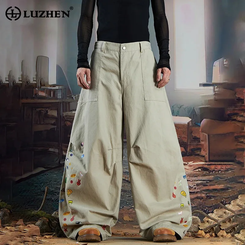 

LUZHEN 2025 новые стильные мешковатые нишевые узор в стиле пэчворк, широкие повседневные джинсы, мужские оригинальные уличные винтажные джинсовые брюки JY5036