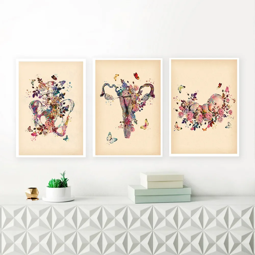 Floral Woman Anatomy Print Wall Art Midwife Gift Gynecologist Medical Education Poster Canvas Painting Pictures for Living Room