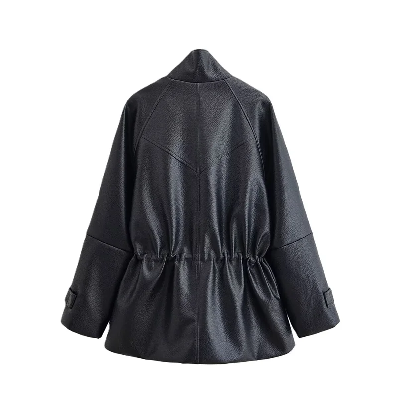 Giacca da donna in pelle nera da strada colletto alla coreana manica lunga cerniera in vita tasche chiuse cappotto femminile moda capispalla da donna nuovo
